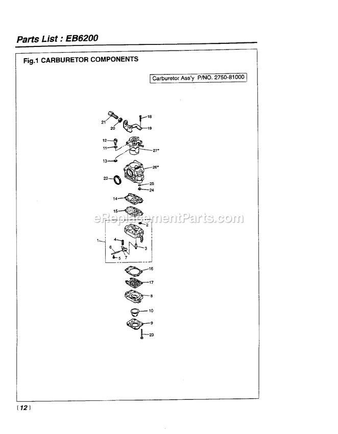 RedMax EB6200 (826551 AND UP) Blowers Carburetor Diagram