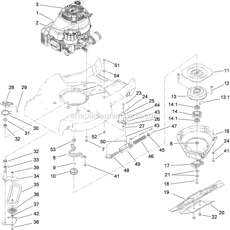 Toro 22198 (311000001-311999999)(2011) 21in Heavy-Duty Recycler/Rear Bagger Lawn Mower Engine And Blade Assembly Diagram