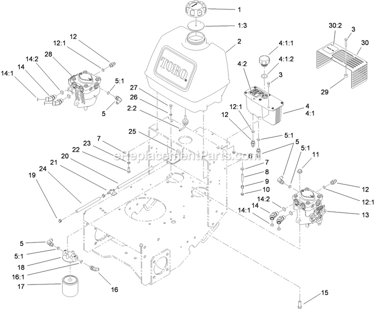 Toro 30032 (310000001-310999999)(2010) 15hp, T-Bar, Hydro Drive With 91cm Turbo Force Cutting Unit Walk-Behind Mower Fuel System, Hydraulic Pump And Filter Assembly Diagram