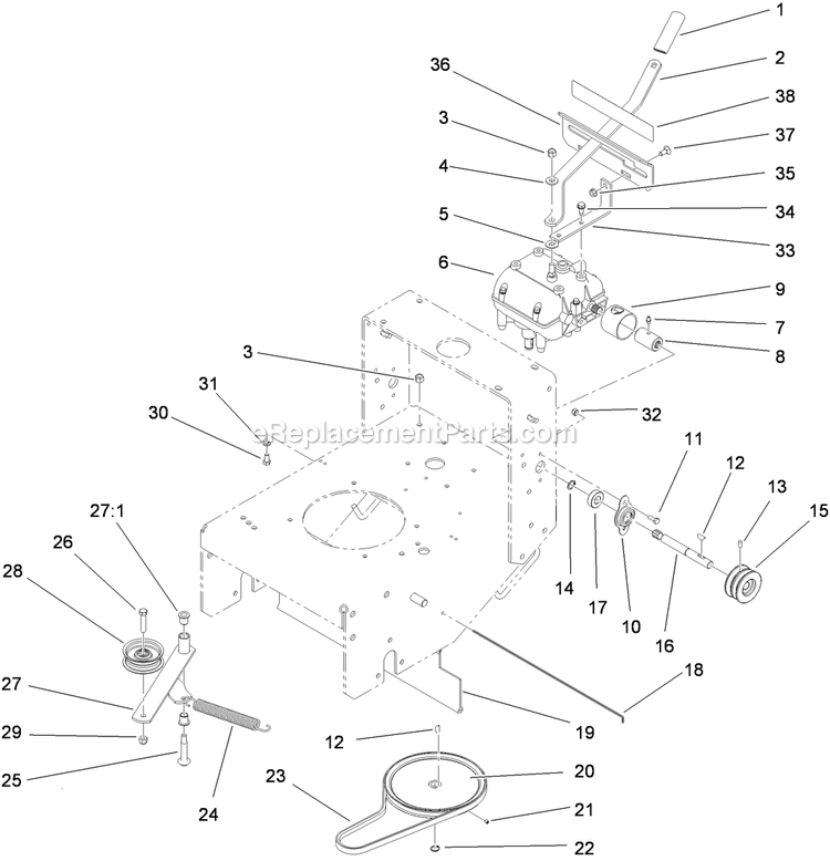 Toro 30074 (312000001-312999999)(2012) Floating Deck, T-Bar, Gear Drive With 36in Cutting Unit Walk-Behind Mower Transmission Drive Assembly Diagram