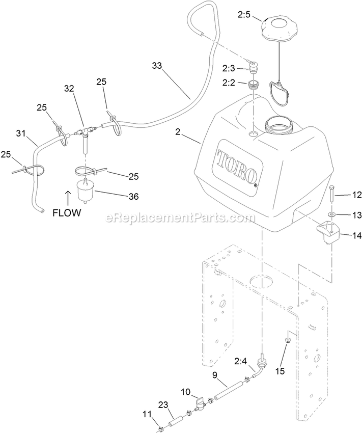 Toro 30074 (312000001-312999999)(2012) Floating Deck, T-Bar, Gear Drive With 36in Cutting Unit Walk-Behind Mower Fuel System Assembly Diagram