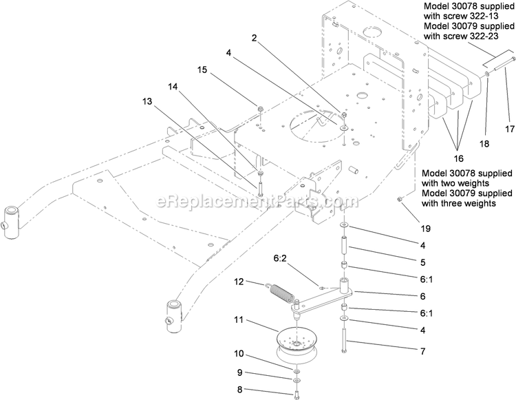 Toro 30079 (310000001-310999999)(2010) Floating Deck, T-Bar, Gear Drive With 52in Cutting Unit Walk-Behind Mower Power-Take-Off Idler And Weight Assembly Diagram