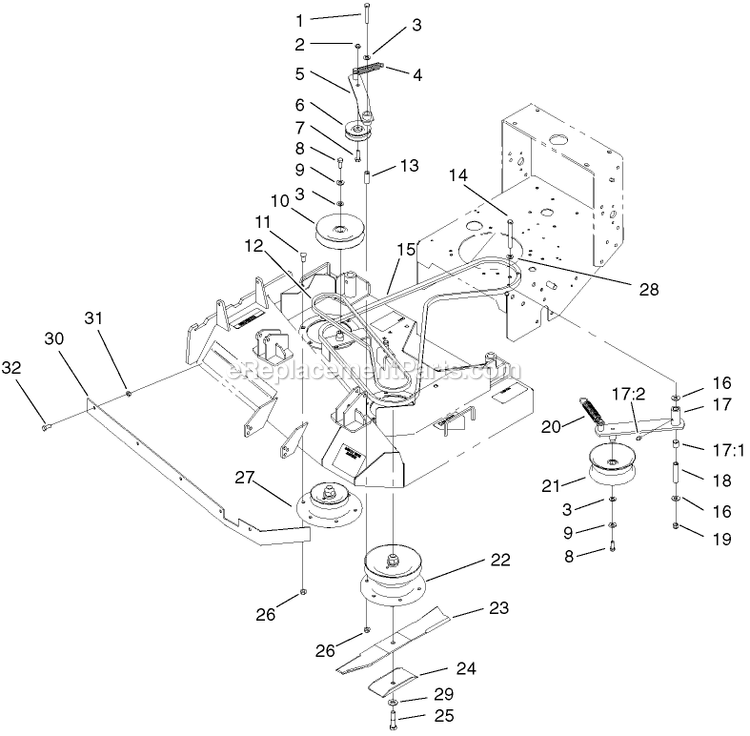 Toro 30250TE (210005001-210999999)(2001) 12.5 Hp W/ 36-Inch Sd Mower Mid-Size ProLine Gear Spindles, Pulleys And Belts Assembly Diagram