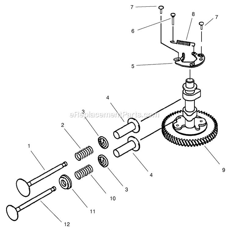 Toro 30250TE (210005001-210999999)(2001) 12.5 Hp W/ 36-Inch Sd Mower Mid-Size ProLine Gear Valves And Camshaft Assembly Diagram