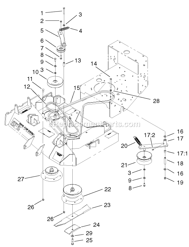 Toro 30250 (210005001-210999999)(2001) 12.5 Hp W/ 36-Inch Sd Mower Mid-Size ProLine Gear Spindles, Pulleys And Belts Assembly Diagram