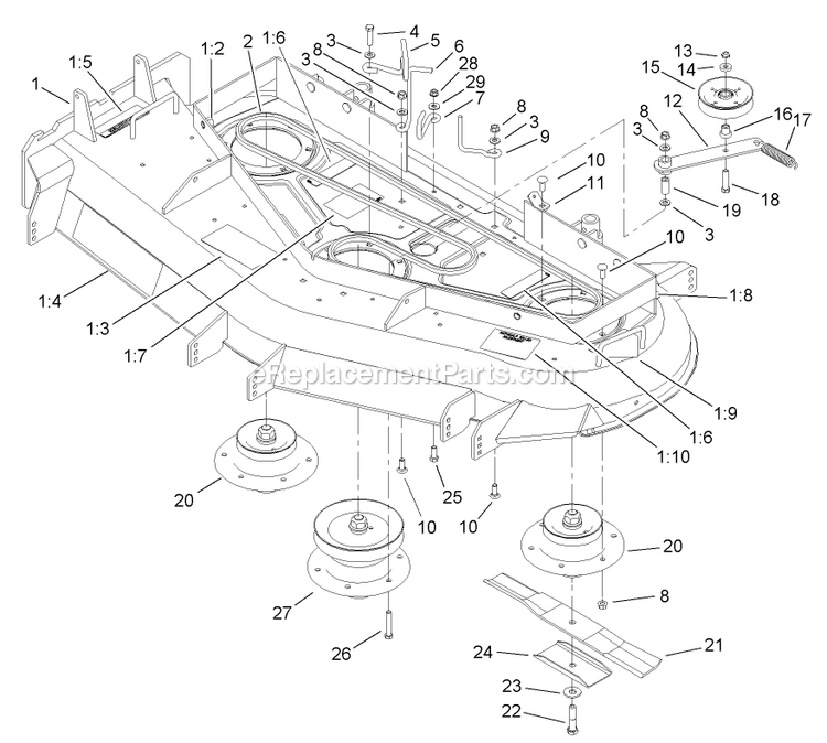 Toro 30441 (240000001-240999999)(2004) Mid-Size Proline Pistol Grip Hydro, 17 Hp With 52in Side Discharge Mower Spline, Pulley And Belt Assembly Diagram