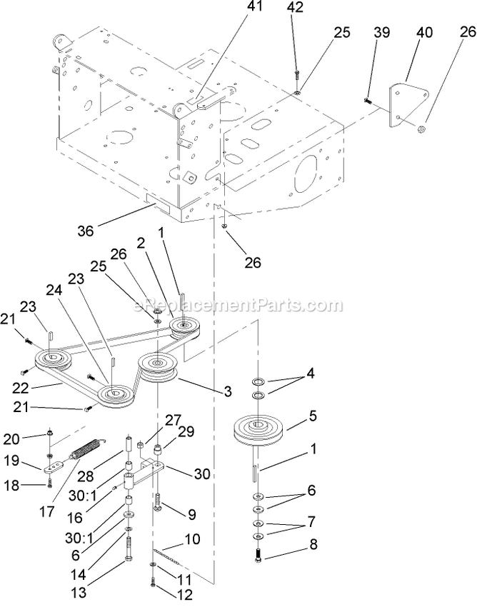 Toro 30528 (250000001-250999999)(2005) Mid-Size Proline Pistol Grip Hydro, 15 Hp With 48in Side Discharge Mower Transmission And Drive Pulley Assembly Diagram