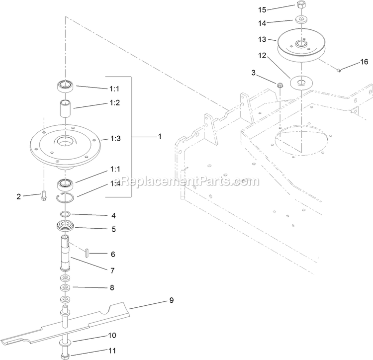 Toro 39634 (313000001-313999999)(2013) Fixed Deck, Pistol Grip, Gear Drive With 36in Cutting Unit Walk-Behind Mower Sheave, Spindle And Blade Assembly Diagram