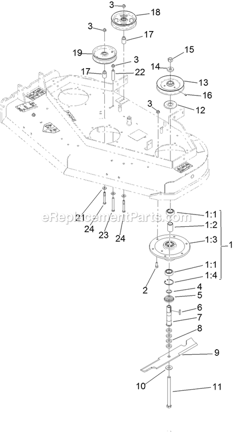Toro 39678 (404324200-405457996) Fixed Deck, T-Bar, Gear Drive With 48in Cutting Unit Walk-Behind Mower Sheave, Spindle And Blade Assembly Diagram