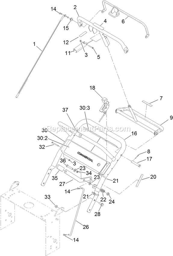 Toro 39678 (404324200-405457996) Fixed Deck, T-Bar, Gear Drive With 48in Cutting Unit Walk-Behind Mower Handle And Control Assembly Diagram