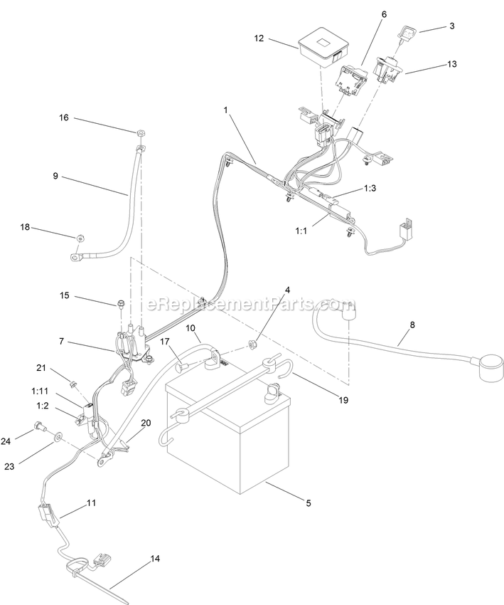 Toro 44410 (410300000-999999999) Proline With 36in Floating Cutting Unit Walk-Behind Mower Electrical Harness And Battery Assembly Diagram