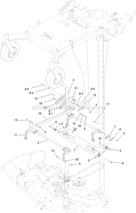 Toro 44454 (406643229-407999999) Proline With 54in Floating Cutting Unit Walk-Behind Mower Deck Lift Assembly Diagram