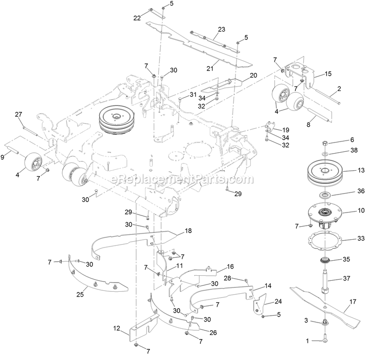 Toro 72096 (408851917-408863599) Z Master Professional 7500-D Series , With 96in Rear Discharge Riding Mower Center Deck Spindle, Baffle And Roller Assembly Diagram
