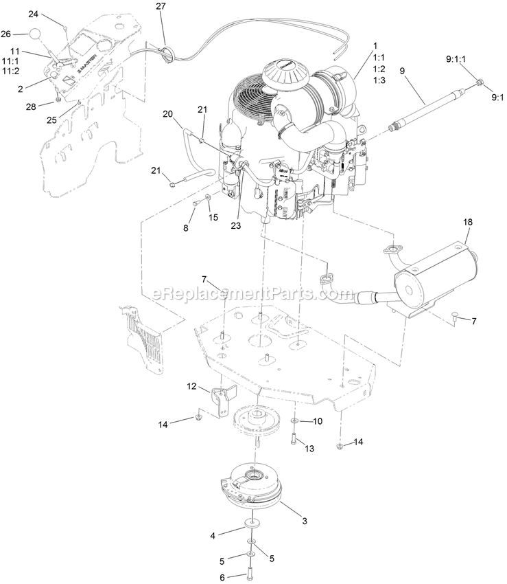 Toro 72910 (400000000-409219335) Z Master Professional 5000 , With 60in Turbo Force Side Discharge Mower Engine Assembly Diagram