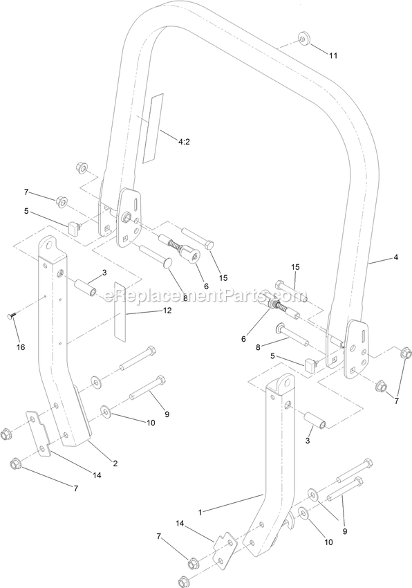 Toro 72915 (406395445-999999999) Z Master Professional 5000 , With 60in Turbo Force Side Discharge Mower Roll-Over Protection System Assembly Diagram