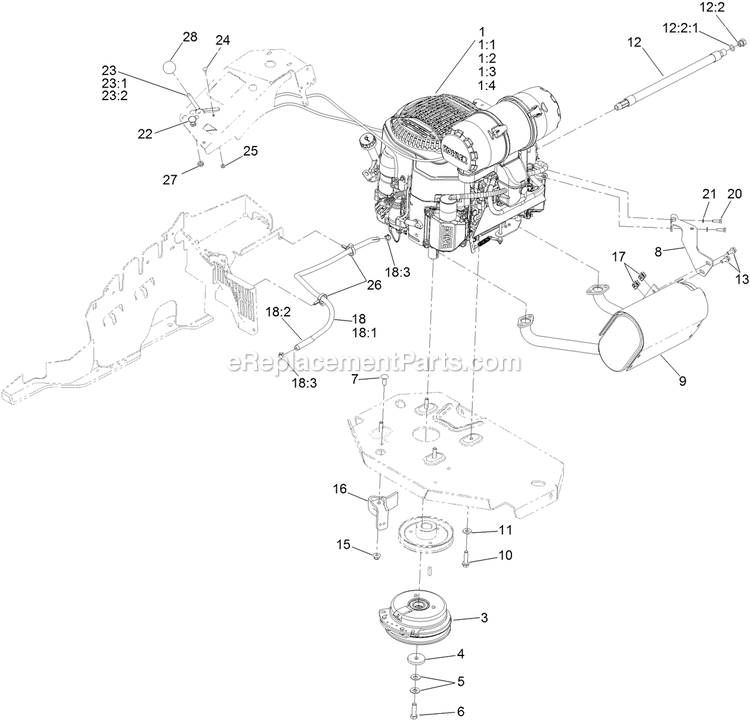 Toro 72915 (406395445-999999999) Z Master Professional 5000 , With 60in Turbo Force Side Discharge Mower Engine, Clutch And Muffler Assembly Diagram