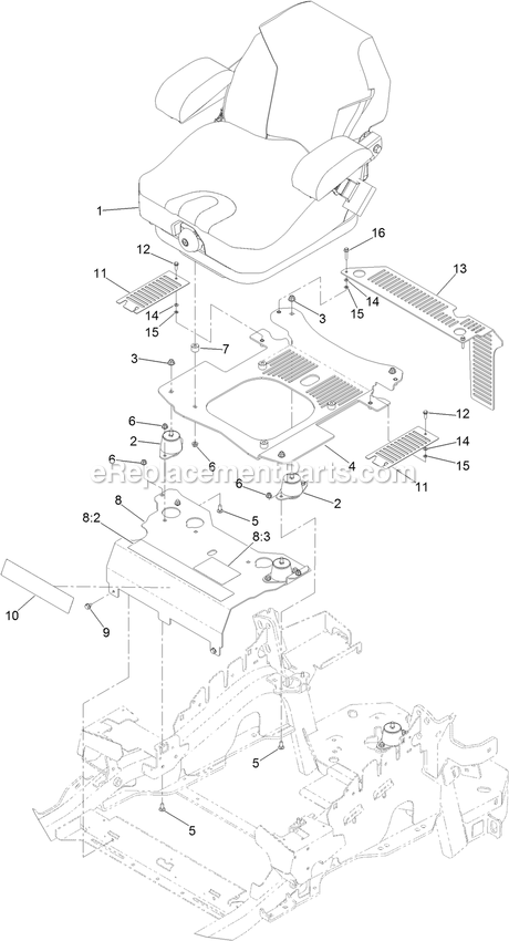 Toro 72942TE (400000000-410999999) Z Master Professional 6000 Series , With 152cm Rear Discharge Riding Mower Seat Mounting Assembly Diagram