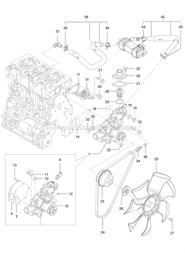 Toro 74060 (402252575-404399999) Z Master Professional 7500-D , With 60in Turbo Force Side Discharge Mower Cooling Water System Assembly Diagram