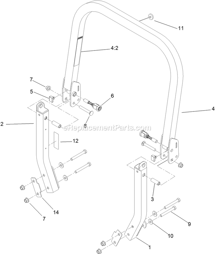 Toro 74141 (313000001-313999999)(2013) Z Master 2000 , With 48in Turbo Force Side Discharge Mower Roll-Over Protection System Assembly Diagram
