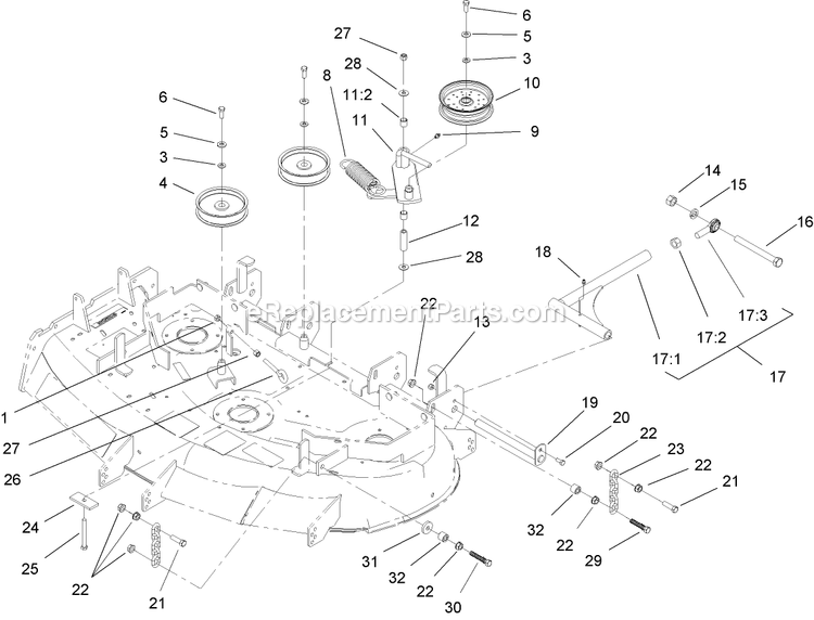 Toro 74161 (240001001-240999999)(2004) Z147 Z Master, With 44in Sfs Side Discharge Mower Idler, Pulley/Lift Strut And Chain Assembly Diagram