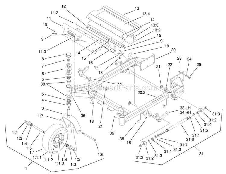 Toro 74198 (220000001-220000326)(2002) Z153 Z Master, With 52-Inch Sfs Side Discharge Mower Front Frame Assembly Diagram