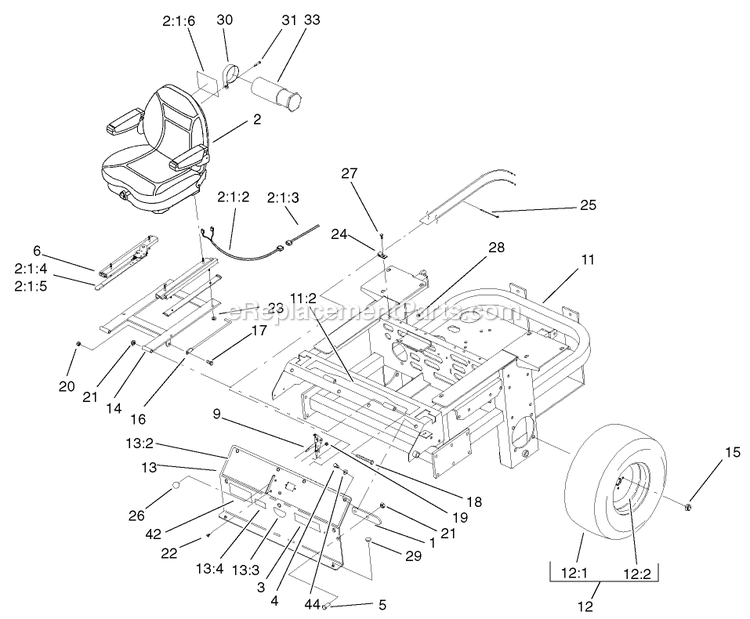 Toro 74240 (210000001-210999999)(2001) Z286e Z Master, With 62-Inch Sfs Side Discharge Mower Rear Frame And Wheel Assembly Diagram