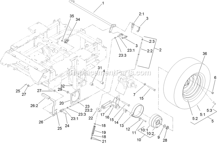 Toro 74266 (316000001-316999999)(2016) Z Master Professional 7000 , With 52in Turbo Force Side Discharge Mower Main Frame And Rear Wheel Assembly Diagram