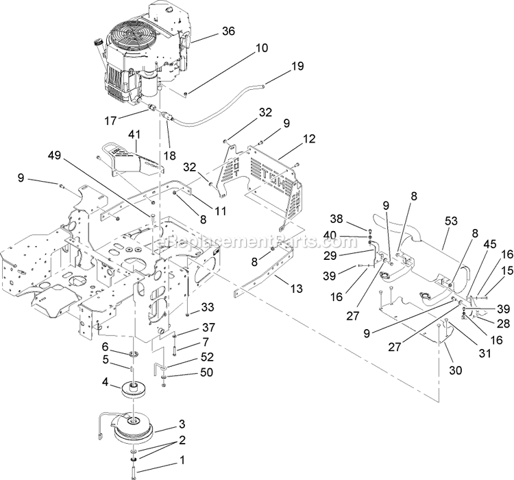 Toro 74411 (260000001-260999999)(2006) Z149 Z Master, With 44in Sfs Side Discharge Mower Engine, Clutch And Muffler Assembly Diagram
