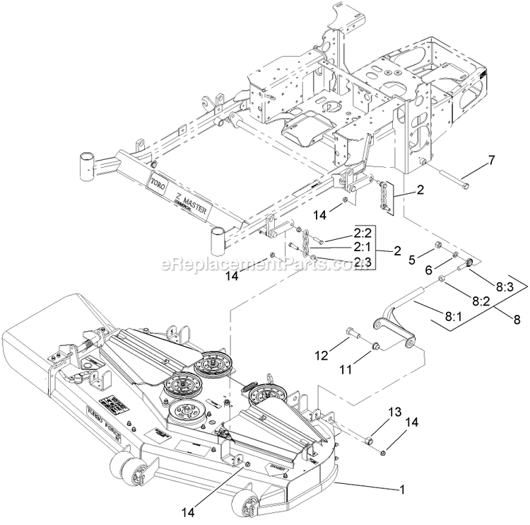 Toro 74449 (290000001-290999999)(2009) Z400 Z Master, With 52in 7-Gauge Side Discharge Mower Deck Connection Assembly Diagram