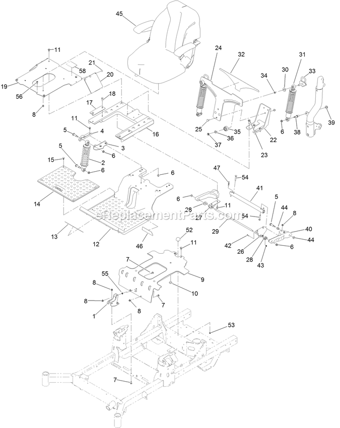 Toro 74493 (407146062-999999999) Z Master Professional 2000 Series Myride 52in Riding Mower Seat Mount Assembly Diagram