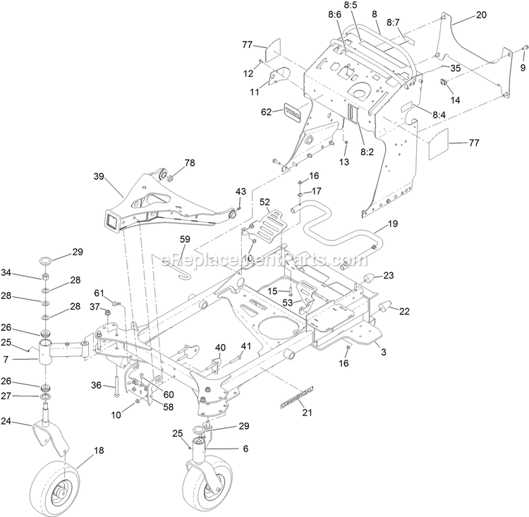 Toro 74529 (400000000-403294015) With 52in Turbo Force Cutting Unit GrandStand Multi Force Mower Frame Assembly Diagram