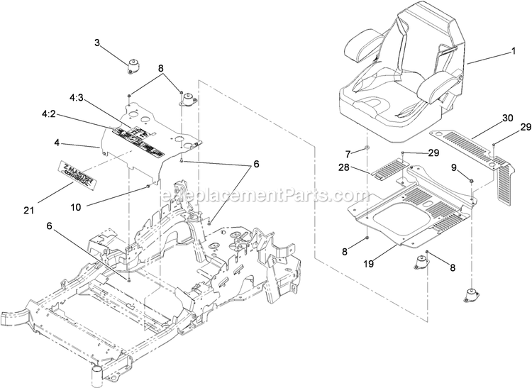Toro 74925TE (290000001-290999999)(2009) Z Master G3 Riding Mower, With 152cm Turbo Force Side Discharge Mower Seat Mount Assembly Diagram