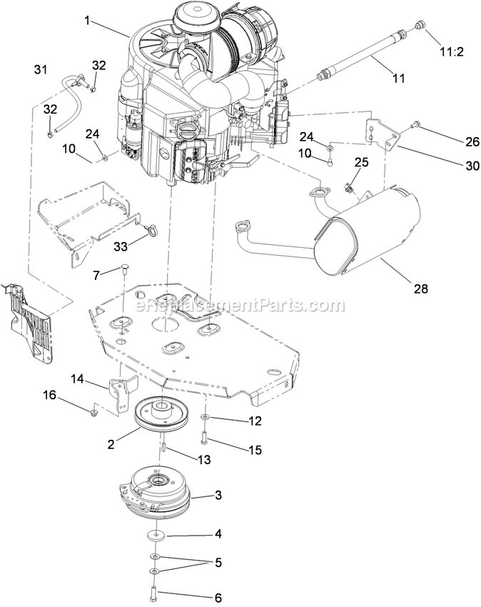 Toro 74925TE (310000001-310999999)(2010) Z Master G3 Riding Mower, With 152cm Turbo Force Side Discharge Mower Engine, Clutch And Muffler Assembly Diagram