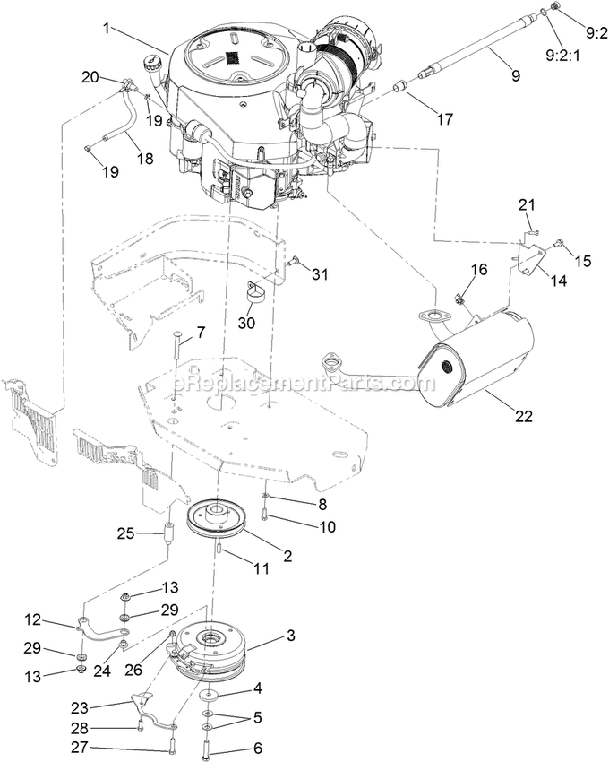 Toro 74936 (312000001-312999999)(2012) Z Master Professional 6000 , With 60in Turbo Force Side Discharge Mower Engine, Muffler And Clutch Assembly Diagram