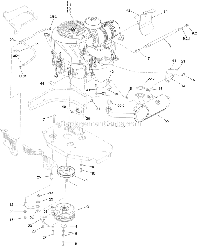 Toro 74947 (400000000-401999999) Z Master Professional 6000 , With 72in Turbo Force Side Discharge Mower Engine, Clutch And Muffler Assembly Diagram