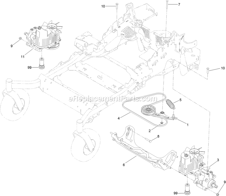 Toro 75968 (400000000-402099999) Z Master Professional 6000 , With 72in Turbo Force Side Discharge Mower Hydraulic Pump, Idler And Belt Assembly Diagram