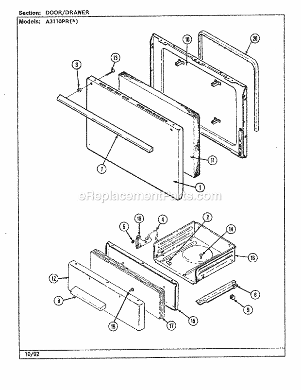 Admiral A3110PRW Freestanding, Gas Admiral Cooking Door / Drawer (A3110pr) Diagram