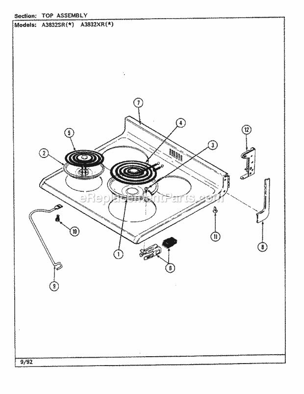 Admiral A3832SRA Freestanding, Electric Admiral Cooking Top Assembly Diagram