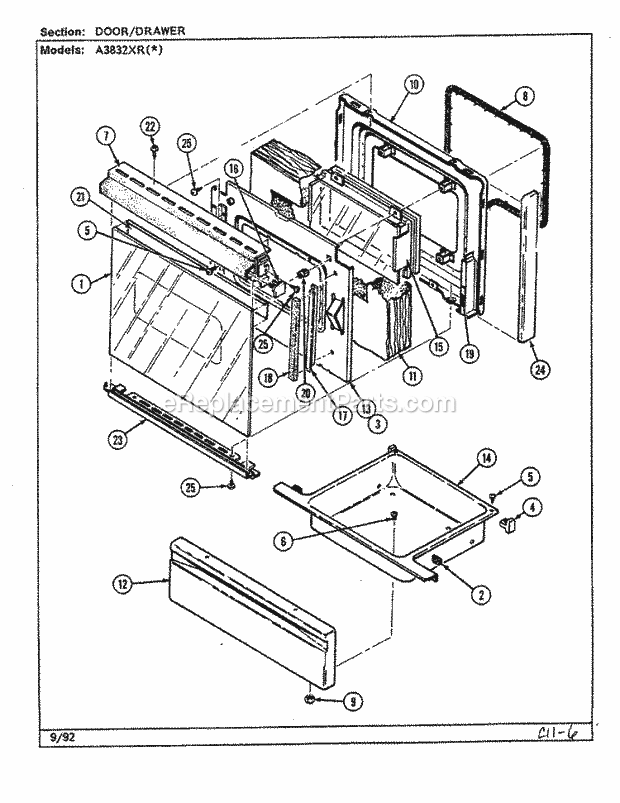 Admiral A3832SRW Freestanding, Electric Admiral Cooking Door / Drawer (A3832xr) Diagram