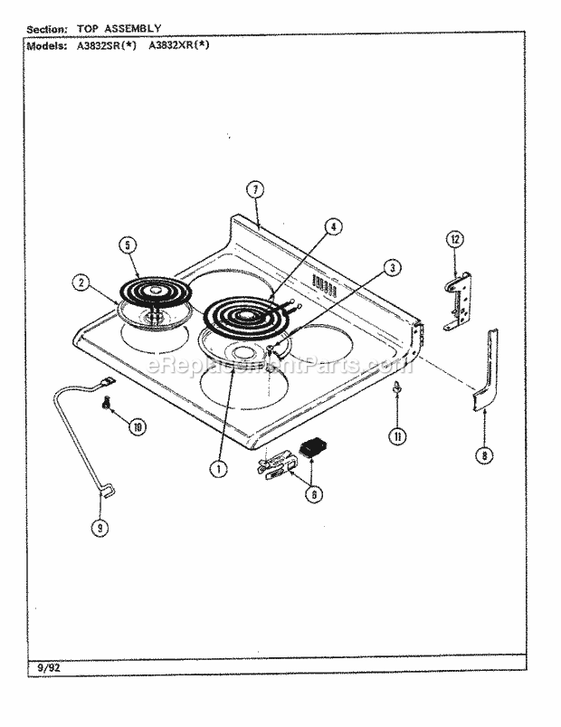 Admiral A3832SRW Freestanding, Electric Admiral Cooking Top Assembly Diagram