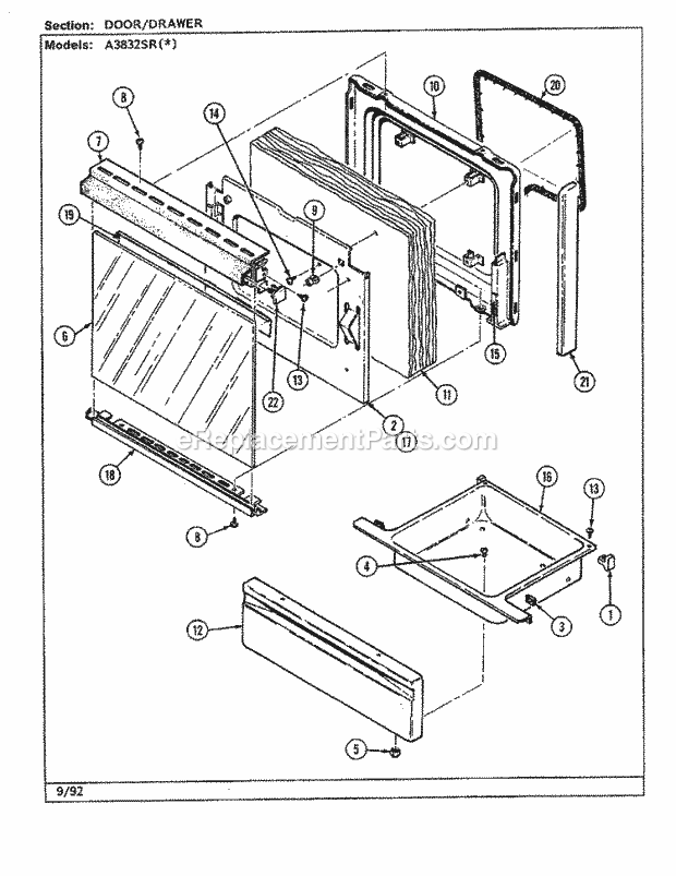 Admiral A3832XRW Freestanding, Electric Admiral Cooking Door / Drawer (A3832sr) Diagram