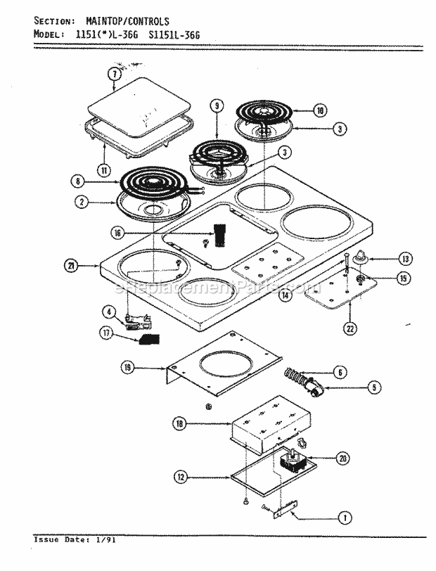 Admiral S1151L-36G Electric Admiral Cooking Top Assembly Diagram