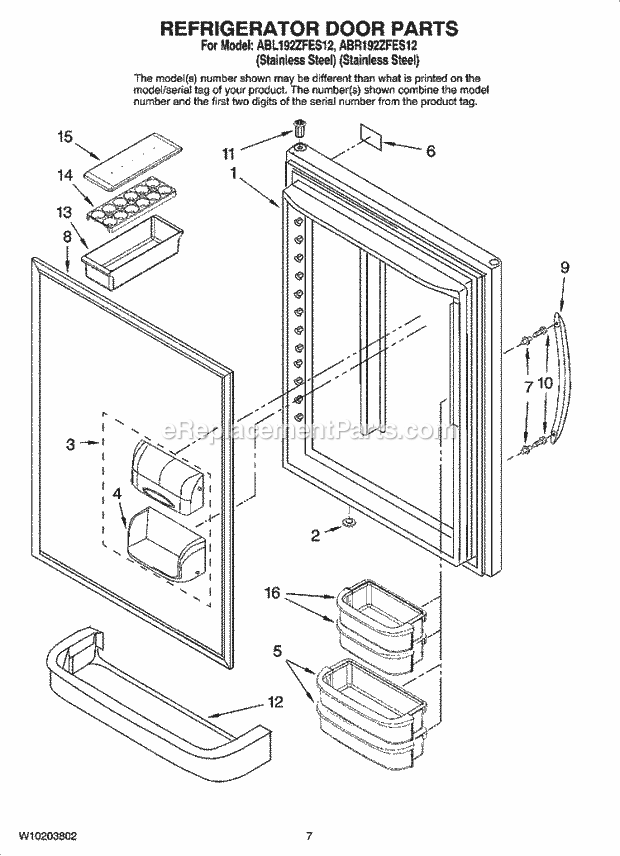 Amana ABR192ZFES12 Bottom Freezer Bottom-Mount Refrigerator Refrigerator Door Parts Diagram