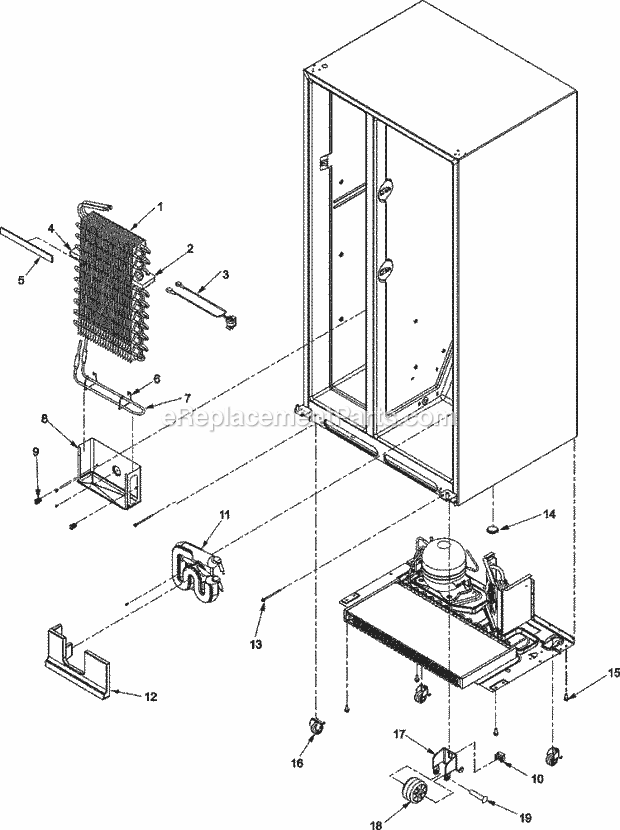 Amana AC2228HEKS (AC2228HEKx0) Side-By-Side Amana Refrigerator Evaporator Assy and Rollers Diagram