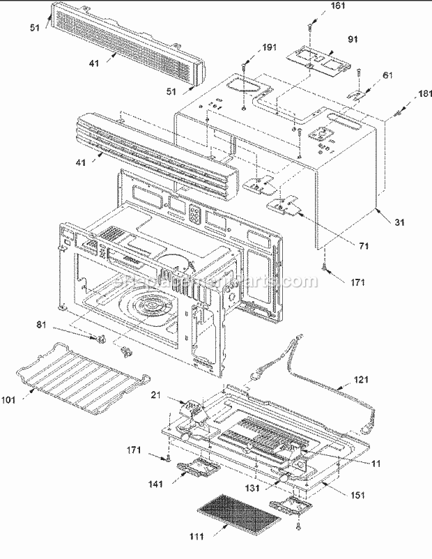 Amana ACO1860AW (PACO1860AW0) Mfg Number Paco1860aw1, Mwave- Mounted Over Range/Wo Outer Case, Rack, Lights, & Filters Diagram