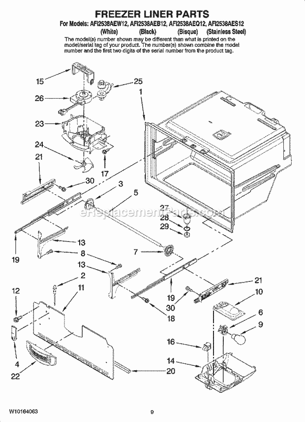 Amana AFI2538AEW12 Bottom Freezer Bottom Mount Refrigerator Freezer Liner Parts Diagram