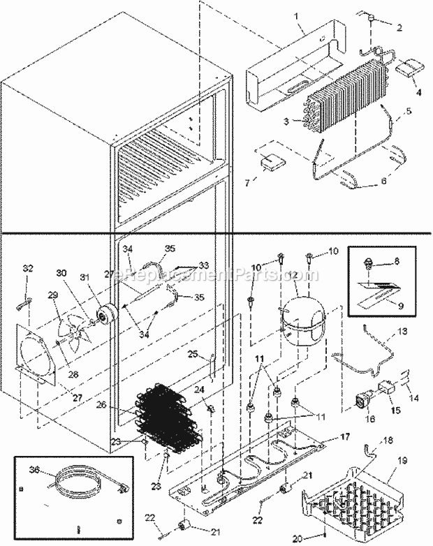 Amana ART1805BW (PART1805BW0) Ref - Top Mount Evaporator and Machine Compartment Diagram