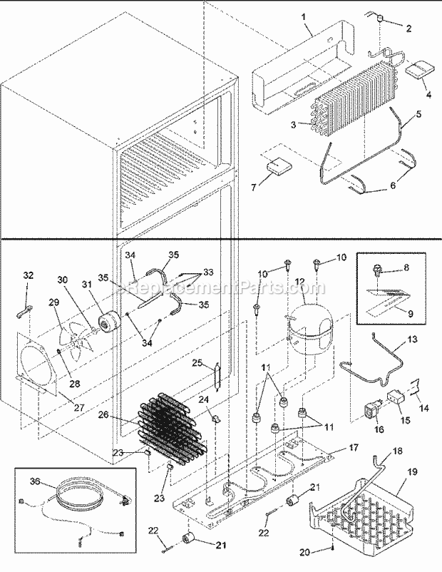 Amana ARTE805BC (PARTE805BC0) Ref - Top Mount Evaporator and Machine Compartment Diagram