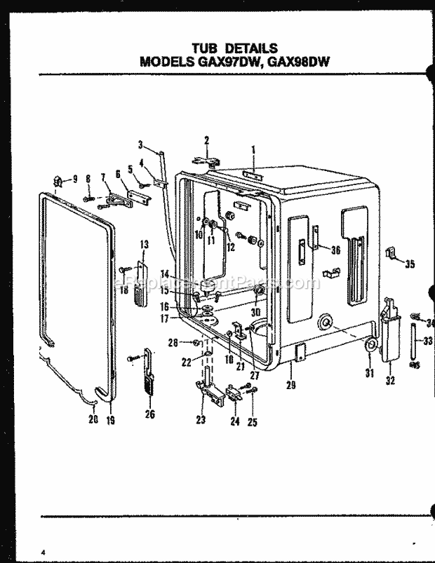 Amana GAX98DW (MN01) Mfg Number Mn03, Dishwasher- Undercounter Tub Details Diagram