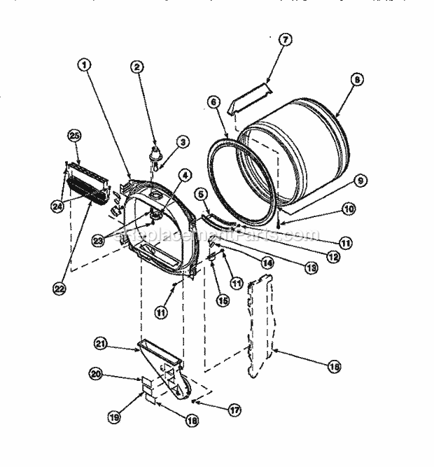 Amana LE8457L2 (PLE8457L2) Dryer- Ele Fr Blkhd, Air Duct, Felt Seal & Cylinder Diagram